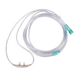 Clear nasal oxygen cannula tubing with green connectors for home medical respiratory care