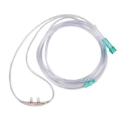 Clear nasal oxygen cannula tubing with green connectors for home medical respiratory care