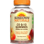 Sundown Naturals CO Q-10 Gummies bottle, 200mg per serving, peach mango flavor, supports heart health.