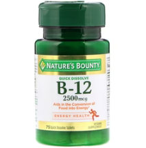 Nature's Bounty B-12 2500 mcg supplement bottle with green cap and label