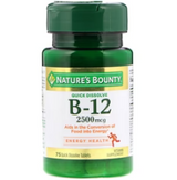 Nature's Bounty B-12 2500 mcg supplement bottle with green cap and label