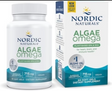 Nordic Naturals Algae Omega supplement bottle and box, plant-based EPA DHA, dietary supplement.