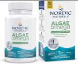 Nordic Naturals Algae Omega supplement bottle and box, plant-based EPA DHA, dietary supplement.