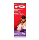 Children’s Tylenol Pain + Fever grape flavor for ages 2-11, mother hugging child, 4 fl oz box.