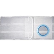 White medical ostomy belt with blue ring for secure stoma care support