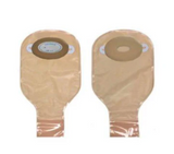 Two beige ostomy bags with adhesive baseplates on a white background, medical supplies.