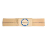 Beige ostomy belt with blue circular opening for stoma support and comfort.