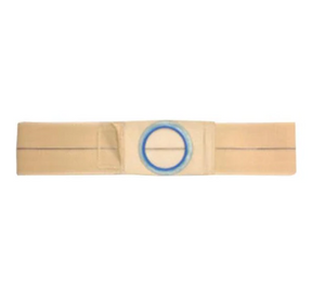 Beige ostomy belt with blue circular opening for securing medical appliance