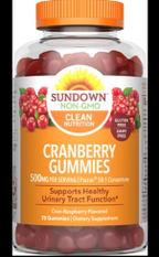 Bottle of Sundown cranberry gummies for urinary tract health, 75 count, gluten free