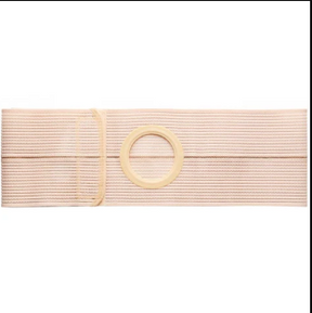 beige elastic ostomy belt with round opening for stoma support, medical supply