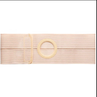 beige elastic ostomy belt with round opening for stoma support, medical supply