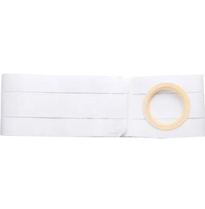 Elastic white ostomy belt with round opening for medical support