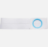 White medical ostomy belt with blue supportive ring for stoma care on white background