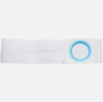 White medical ostomy belt with blue supportive ring for stoma care on white background