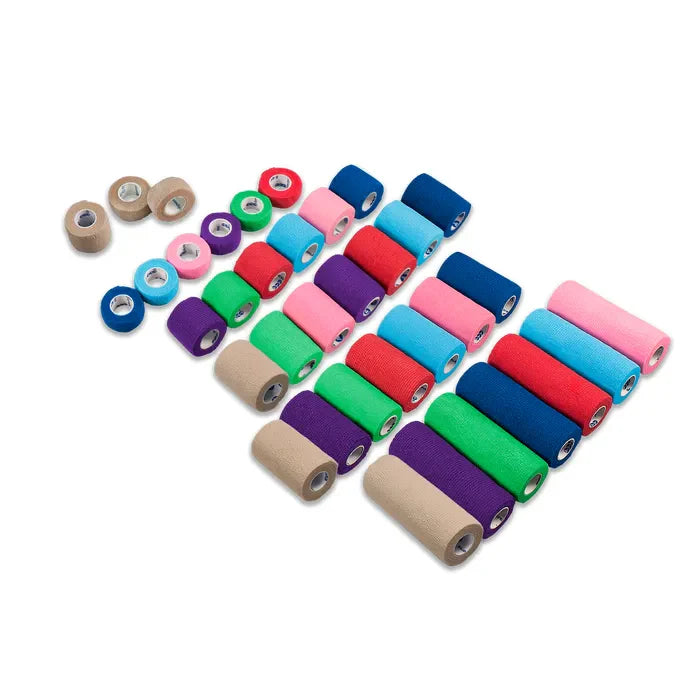 Assorted sizes and colors of self-adhesive medical wrap bandages on white background