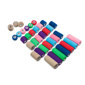 Assorted sizes and colors of self-adhesive medical wrap bandages on white background