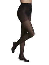 Sheer black pantyhose on a model, full length, seamless hosiery for women