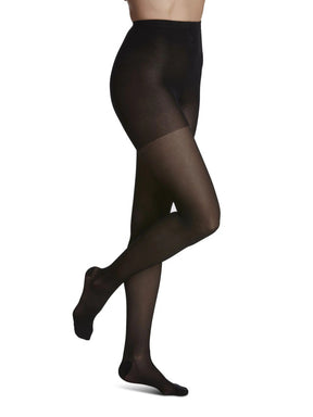 Sheer black pantyhose on a model, full length, seamless hosiery for women
