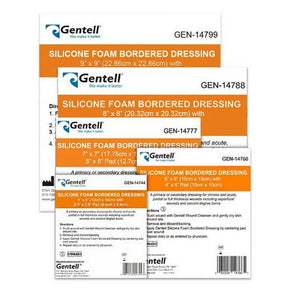 Assorted Gentell silicone foam bordered dressing boxes in various sizes for wound care.