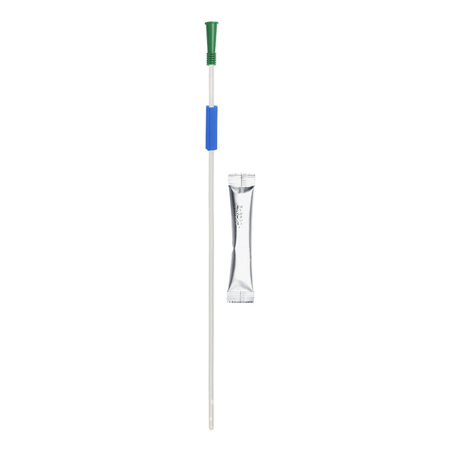Sterile intermittent catheter with green funnel, blue grip, and lubricant packet for home use