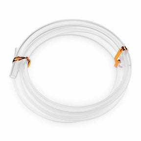 Clear replacement medical tubing coiled with orange ties on white background