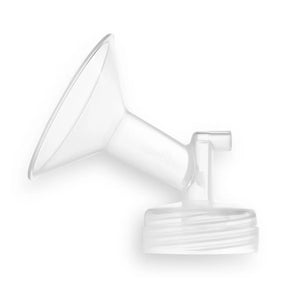 Clear wide neck breast pump flange with side outlet on white background