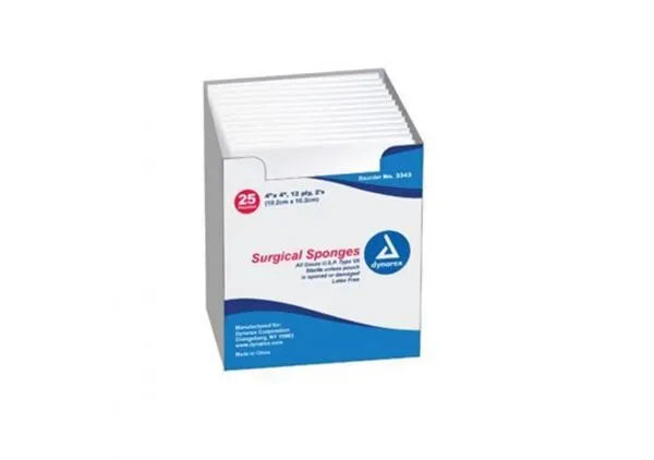 Box of sterile Dynarex surgical sponges, medical gauze pads for wound care