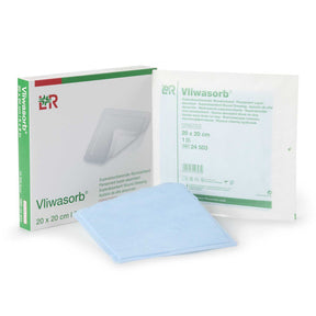 Vliwasorb 20x20 cm super absorbent wound dressing box, sachet, and blue dressing pad