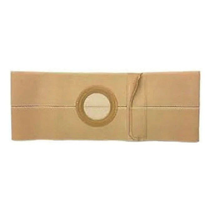 Beige medical support belt with central opening and adjustable strap, for hernia or ostomy support