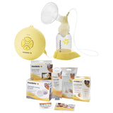 Electric breast pump kit with accessories, nursing pads, milk storage bags, and cleaning supplies.