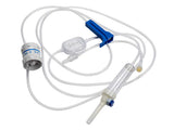IV infusion set with tubing, roller clamp, drip chamber, and filter on white background
