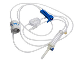 IV infusion set with tubing, roller clamp, drip chamber, and filter on white background