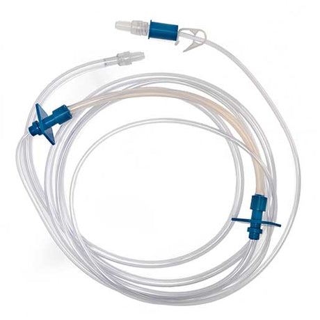 Medical IV tubing set with blue connectors for hospital and home healthcare use
