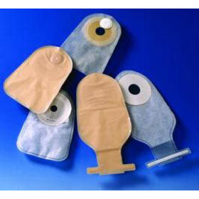 Assorted ostomy pouches for medical use on a blue background.
