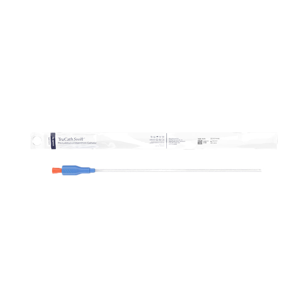 TruCath Swift pre-lubricated intermittent catheter with blue and orange tip, sterile packaging
