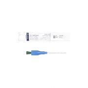 medical intermittent catheter in packaging with blue and green connector