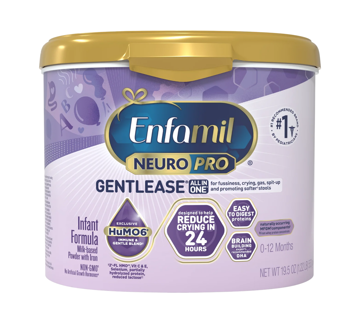 Enfamil NeuroPro Gentlease infant formula powder container for ages 0-12 months.