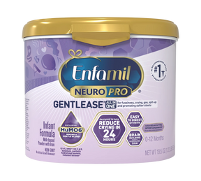 Enfamil NeuroPro Gentlease infant formula powder container for ages 0-12 months.