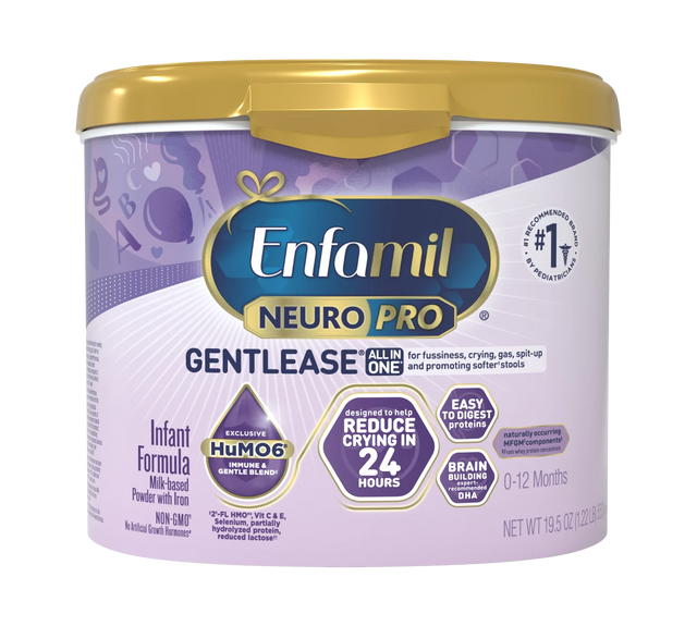 Enfamil NeuroPro Gentlease infant formula powder container for ages 0-12 months.