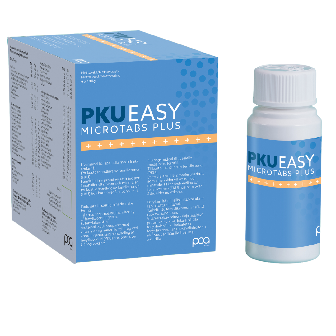 PKU Easy Microtabs Plus dietary supplement box and bottle for PKU nutritional support