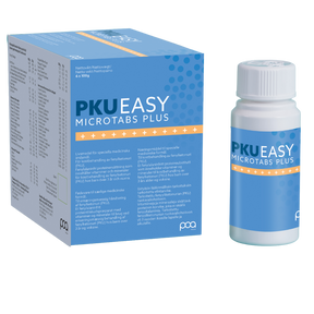 PKU Easy Microtabs Plus dietary supplement box and bottle for PKU nutritional support