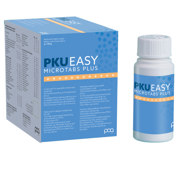 PKU Easy Microtabs Plus dietary supplement box and bottle for PKU nutritional support