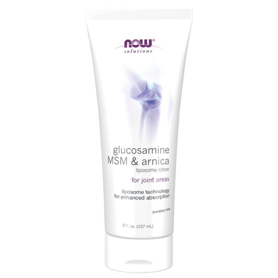 NOW Solutions Glucosamine MSM & Arnica joint relief lotion in white tube, 8 oz