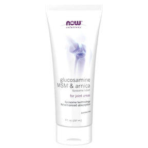 NOW Solutions Glucosamine MSM & Arnica joint relief lotion in white tube, 8 oz