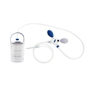 Portable medical suction canister with tubing and blue-handled suction device