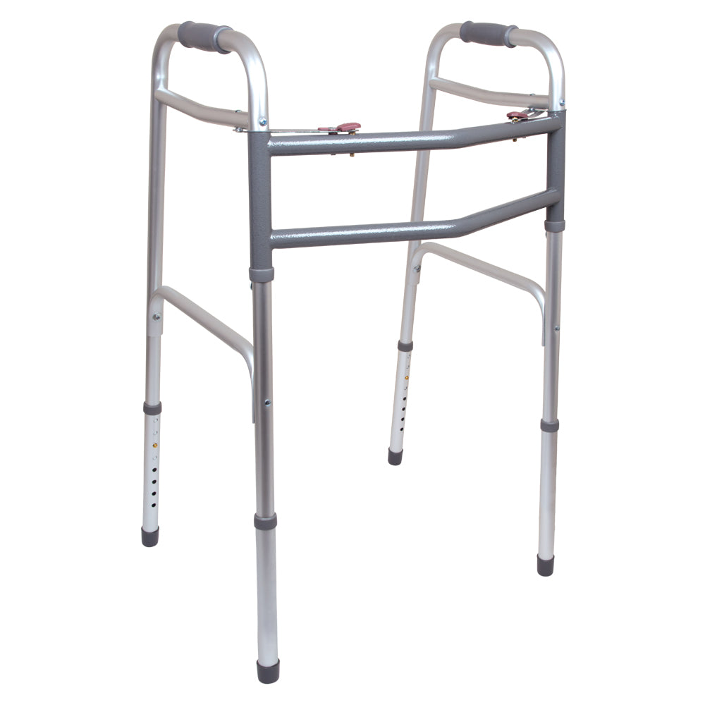 Lightweight folding walker with adjustable legs and padded hand grips for mobility support