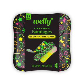 Glow-in-the-dark flex fabric bandages assorted pack, 39 count, with neon designs on box