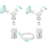Double electric breast pump kit with bottles, flanges, tubing, and pale teal accents