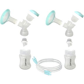 Double electric breast pump kit with bottles, flanges, tubing, and pale teal accents