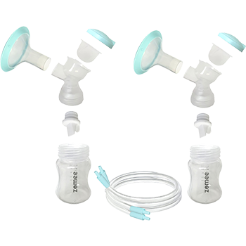 Double electric breast pump kit with bottles, flanges, tubing, and pale teal accents